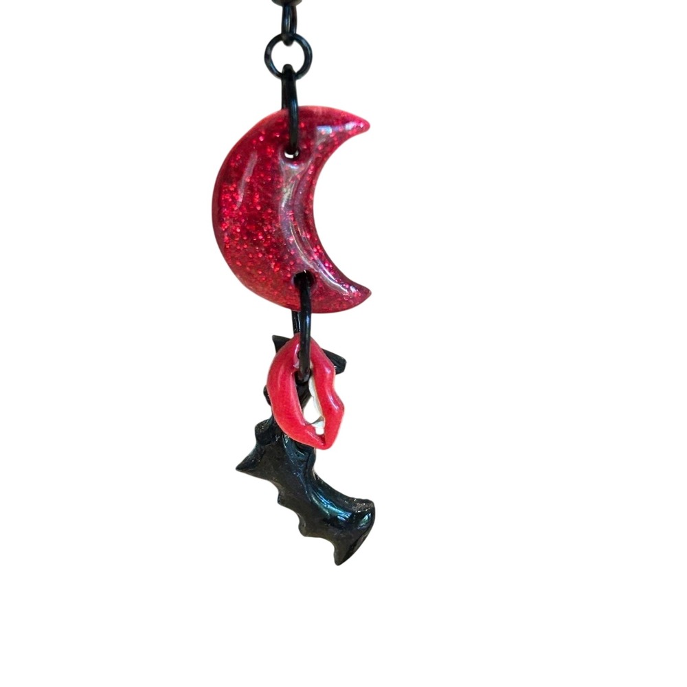 Gothic Goth Red Glitter Moon Lips & Bat Drop Earrings Vampire‎ Dark Academia